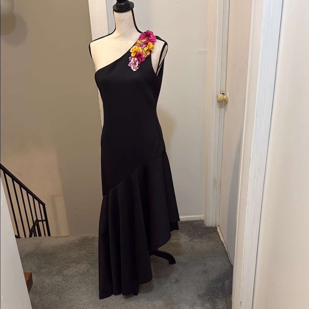 Boston Proper Black One-Shoulder Dress with Floral Detail
